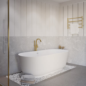 Anzzi Badi 5.9 ft. Solid Surface Center Drain Freestanding Bathtub in Matte White FT-AZ8402