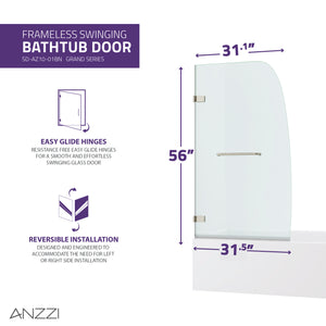 Anzzi Grand Series 31.5 in. by 56 in. Frameless Hinged Tub Door SD-AZ10-01