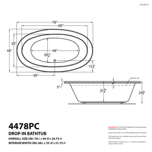 Atlantis Whirlpools Petite 44 x 78 Oval Soaking Bathtub 4478PCS