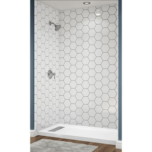 Avora Bath Hexagon Tile White Acrylic Alcove Shower System with Silver Grout Lines 60"W x 36"D 6036LTAV6036HexWSSW