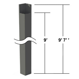 A vertical grey metal post stands against a white background, intersected by a white wave break graphic in the middle and accompanied by clear vertical dimension lines marking heights of 9 feet and 9 feet 7 inches to its right.