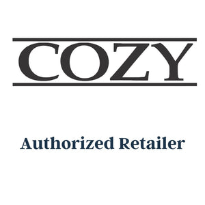 An authorized retailer graphic is displayed on a plain white background. At the top, the brand name "COZY" is printed in large, black, serif capital letters, framed between two solid horizontal black lines. Centered below this logo, the phrase "Authorized Retailer" is written in a dark blue, bold serif font.