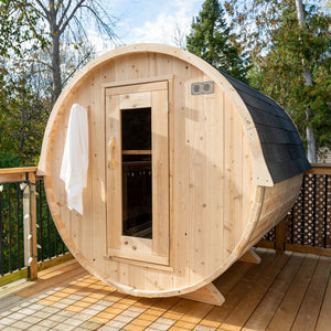 Dundalk Canadian Timber Harmony 4 Person White Cedar Sauna CTC22W - with bronze tempered glass with wooden frame and Heater inside - aluminum bands - flat floor included - solid wood benches - Outdoor Setting - Vital Hydrotherapy
