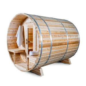 Dundalk Canadian Timber Serenity 2 to 4 person Eastern White Cedar Sauna CTC2245W - with bronze tempered glass with wooden frame - front porch - aluminum bands - sturdy bench - eastern white cedar - flat floor - Vital Hydrotherapy