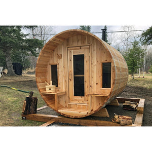 Dundalk CT Tranquility Barrel Sauna CTC2345W - Front Porch with 2 windows - with Aluminum Bands - Front view - Outdoor setting - Vital Hydrotherapy