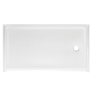 Top-down view of a rectangular, low-profile white shower base. The floor of the base has a subtle anti-slip texture pattern. There is a single circular drain hole located on the far right side. The base is surrounded by a low integrated lip or flange to contain water, viewed against a plain white background.