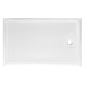 Top-down view of a rectangular, low-profile white shower base. The floor of the base has a subtle anti-slip texture pattern. There is a single circular drain hole located on the far right side. The base is surrounded by a low integrated lip or flange to contain water, viewed against a plain white background.