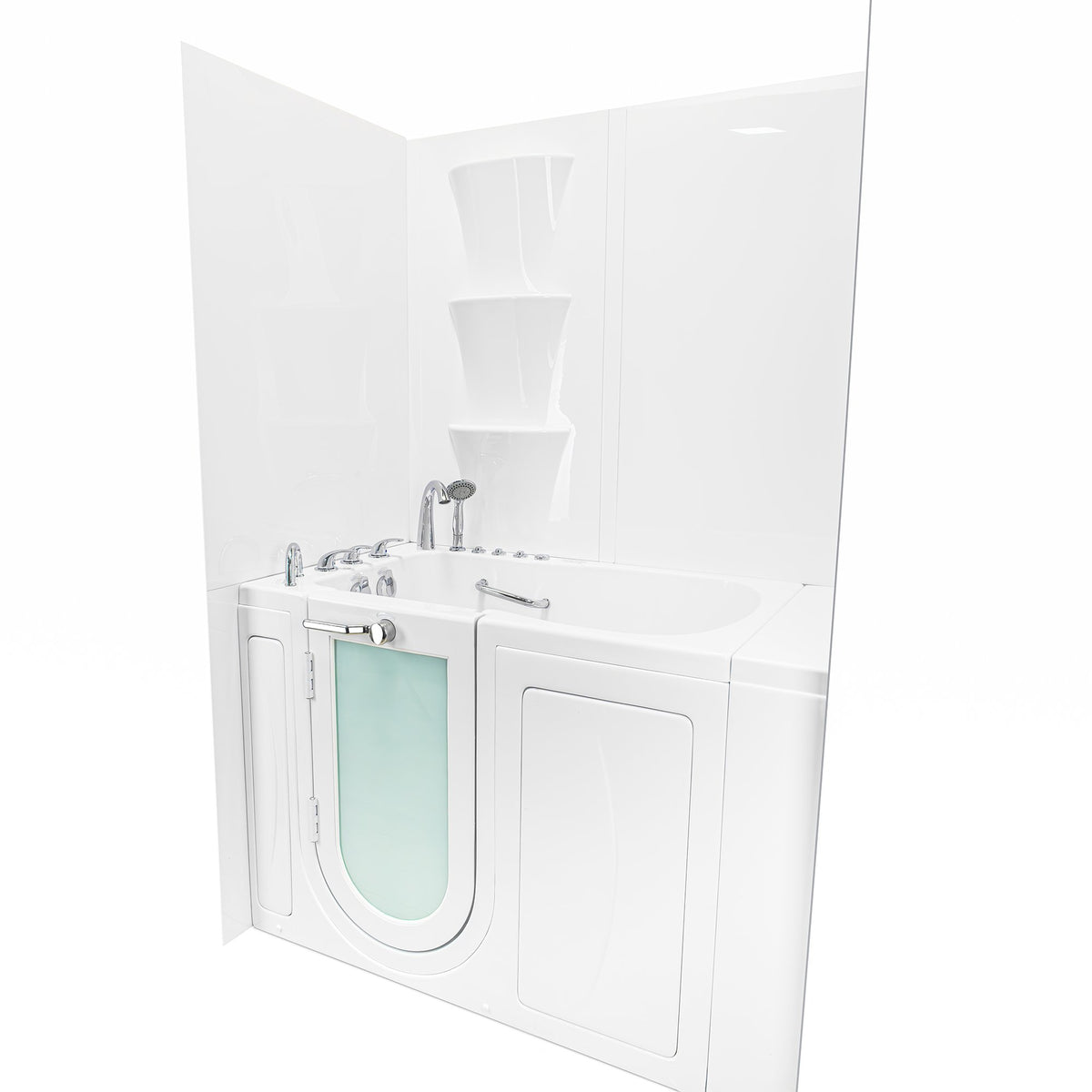 White walk-in bathtub with a closed inward-swinging door featuring a frosted glass window. The unit is shown installed against a solid white wall surround kit with three integrated corner shelves. Chrome deck-mounted fixtures, including a high-arc faucet, handheld shower head, and safety grab bar, are visible. The product is presented from a three-quarter angle against a plain white background.