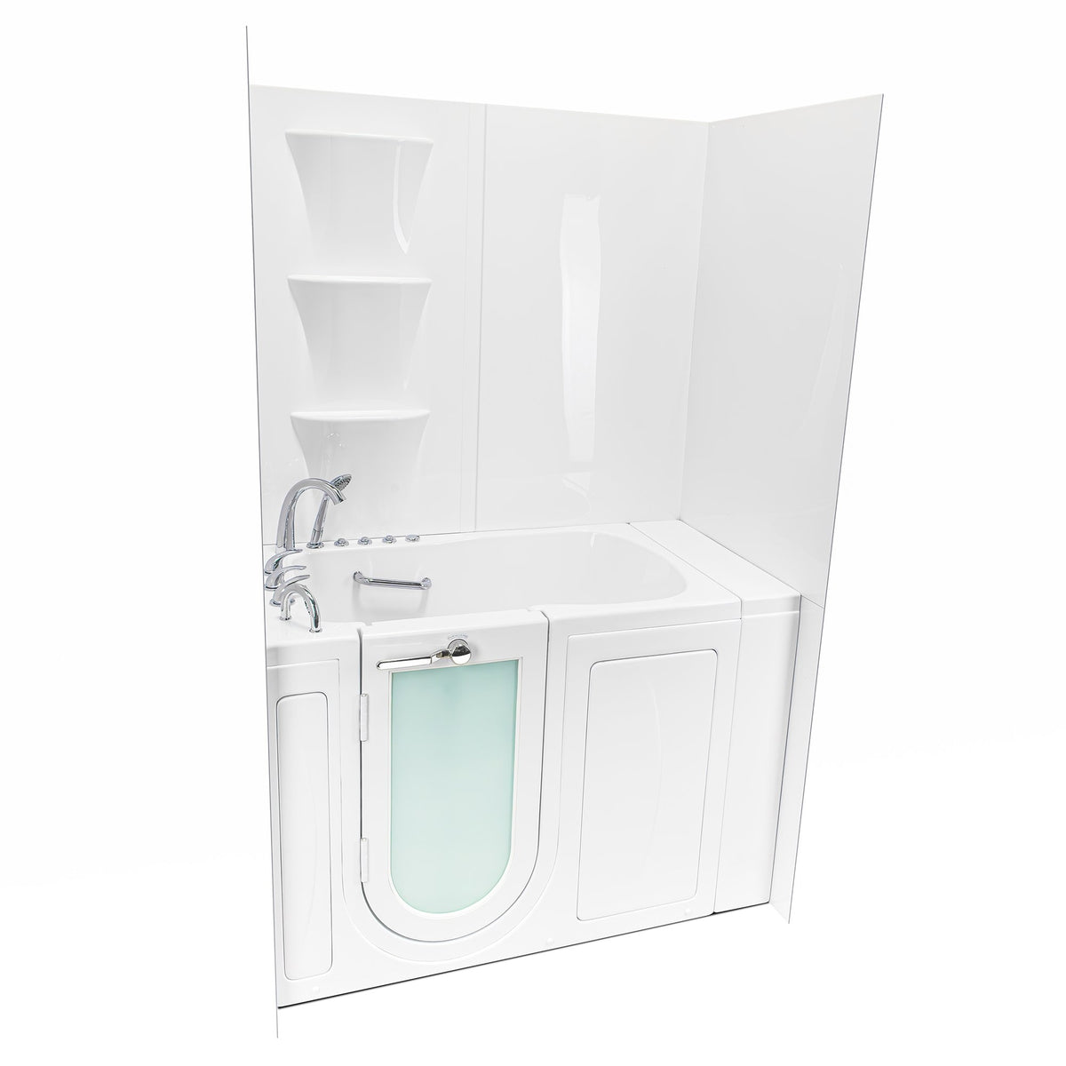White walk-in bathtub with a closed inward-swinging door featuring a frosted glass window. The tub is paired with a solid white wall surround kit that includes three integrated corner shelves. Chrome fixtures, such as a high-arc faucet, handheld shower head, and safety grab bar, are mounted on the tub deck. The entire unit is shown from a high-angle perspective against a plain white background.