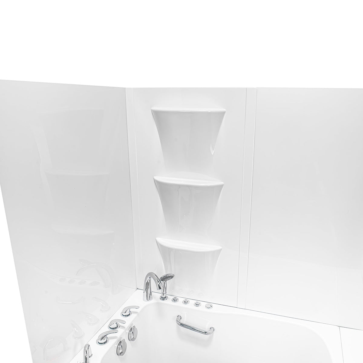 Solid white bathtub wall surround kit with three integrated corner shelves. The image shows the kit installed behind a walk-in bathtub featuring chrome deck-mounted faucets, a handheld shower head, and a safety grab bar. The product is shown from a high-angle perspective against a plain white background.