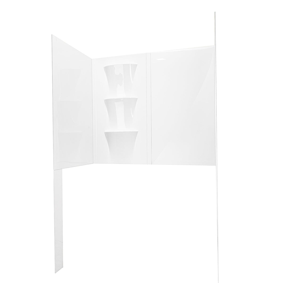 Three-sided bathtub wall surround kit in solid white. The central panel features three integrated corner shelves, and a narrow trim piece extends downward from the far-left edge. The product is shown from a slight three-quarter angle against a plain white background.