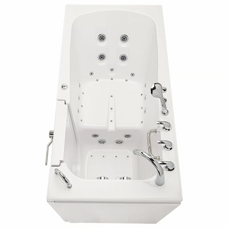 White walk-in bathtub with closed entry door, contoured seat, multiple hydrotherapy jets, handheld shower, and dual chrome faucets, viewed from above.