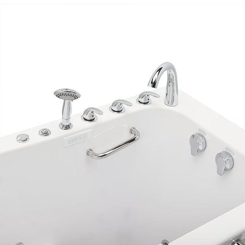 Close-up of a white walk-in bathtub's control end, showing chrome faucet, handheld shower, control panel, hydrotherapy jet dials, and grab bar.