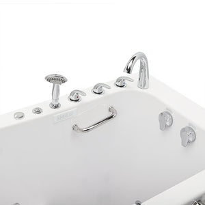 Close-up of a white walk-in bathtub's control end, showing chrome faucet, handheld shower, control panel, hydrotherapy jet dials, and grab bar.