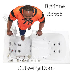 Man stepping into the "Big4one 33x66" walk-in bathtub through its outswing door, shown from above with hydrotherapy jets, built-in seat, grab bar, and chrome faucet visible.