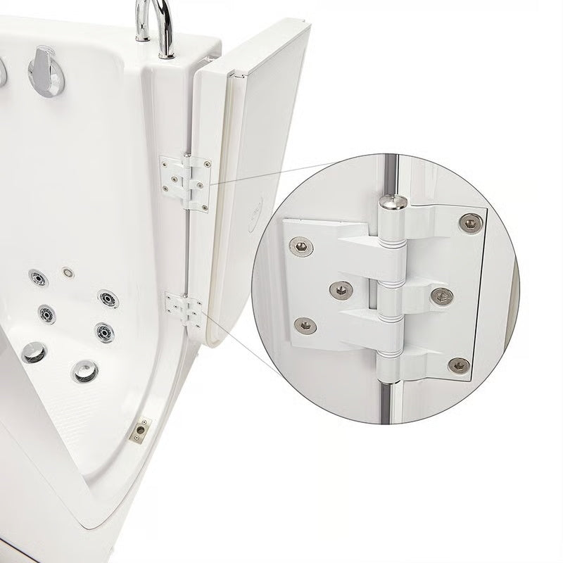 Close-up of a white walk-in bathtub's open door hinge, with an inset detail view showing the hinge screws and mechanism.