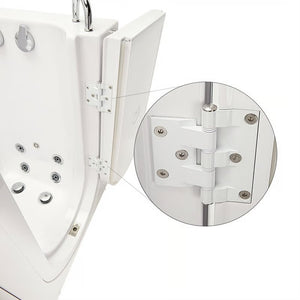 Close-up of a white walk-in bathtub's open door hinge, with an inset detail view showing the hinge screws and mechanism.