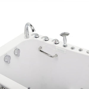 Close-up of a white walk-in bathtub's control end, showing chrome faucet, handheld shower, control panel, hydrotherapy jet dials, and grab bar.