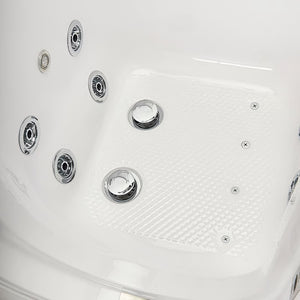 Close-up of the textured seat floor and multiple chrome hydrotherapy jets on a white walk-in bathtub.