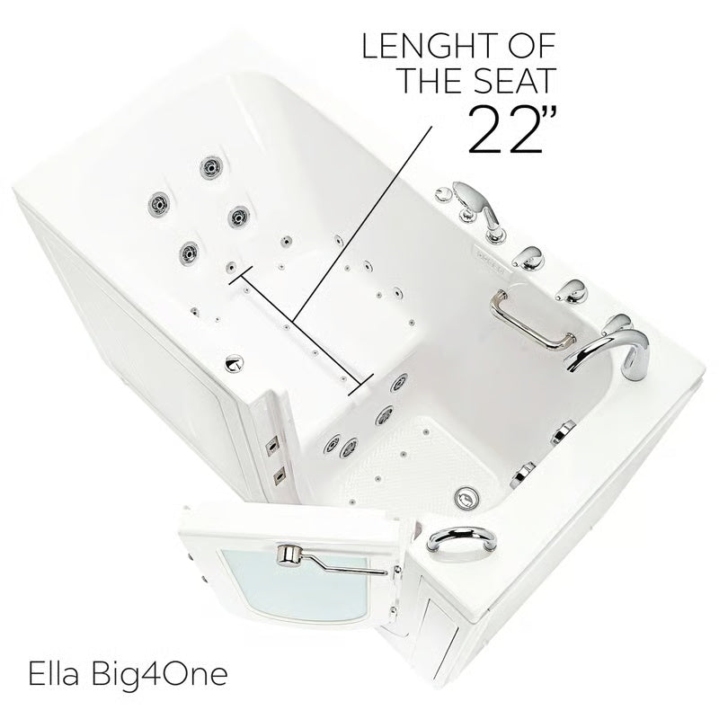 Ella Big4One walk-in bathtub with open outswing door, labeled 22-inch seat length, hydrotherapy jets, grab bar, and dual chrome faucets, viewed from above.