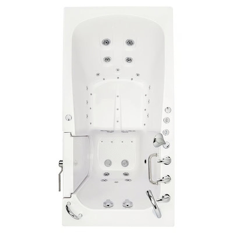 White walk-in bathtub with entry door open, textured seat floor, multiple hydrotherapy jets, handheld shower, grab bar, and chrome faucet, viewed from above.