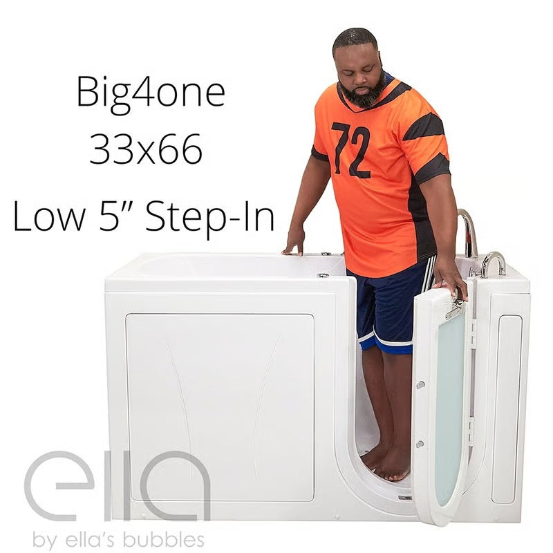 Big4one 33x66 walk-in bathtub with a man stepping in through the low 5-inch entry threshold, chrome grab bar visible, Ella by Ella's Bubbles logo in bottom left.