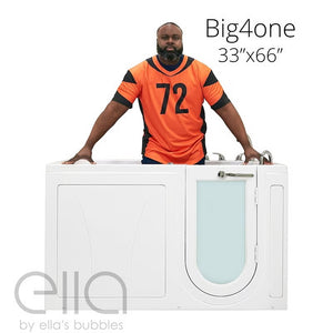 Big4one 33 by 66 inch walk-in bathtub with a man standing behind it, hands resting on the rim, Ella by Ella's Bubbles logo in bottom left.