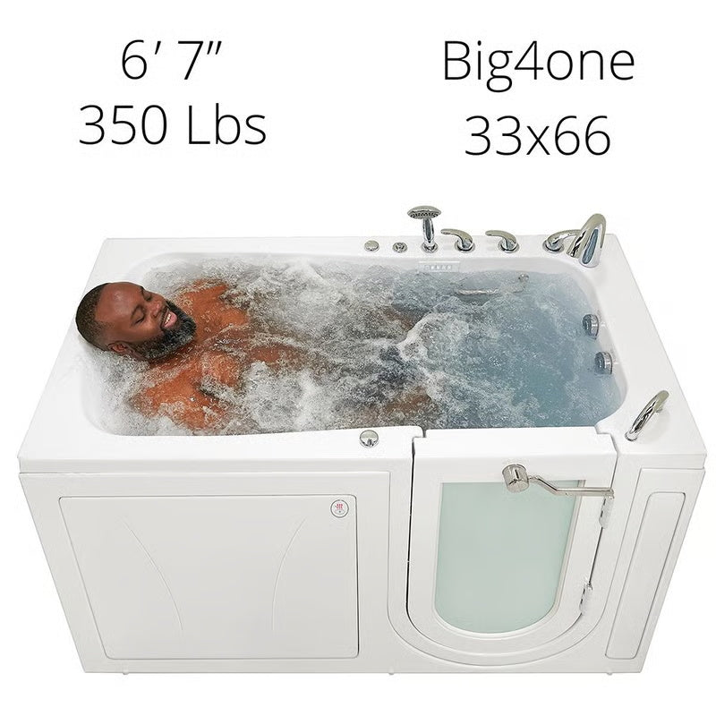 Big4one 33x66 walk-in bathtub with a 6'7", 350 lb man submerged and relaxing in active hydrotherapy jets, viewed from the side.