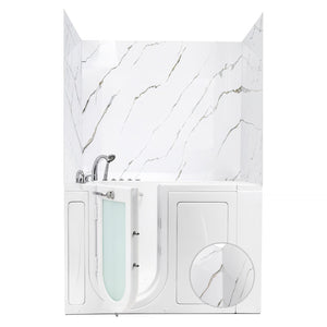 White walk-in bathtub with side entry door and white-and-gold marble-pattern wall surround, chrome faucet and handheld showerhead, with a circular close-up of the marble texture overlaid on the door panel.
