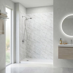Ella's Bubbles Carrara Marble, Acrylic 3-Panel Shower Wall Kit Surround 38″ x 60″ x 96″ SW-366096-CM