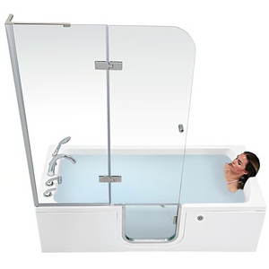 A woman is shown reclining in a white walk-in bathtub filled with water. The bathtub features a small, clear glass door at the center and is equipped with a tall, two-panel glass shower screen held by silver hinges. Chrome fixtures, including a curved faucet and a handheld showerhead, are mounted on the left rim of the tub. This is the Ella's Bubbles Laydown 32x72 micro bubble in left door and drain position with glass shower screen with 5 piece faucet