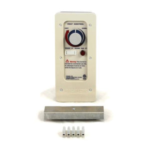 A Finlandia Sauna analog control panel stands vertically on a white surface, accompanied by a rectangular metal bracket and five white terminal block connectors below it. The cream-colored faceplate features a "HEAT CONTROL" dial at the top, a horizontal rocker switch and a red indicator light in the center, and a prominent red warning label on the lower half.