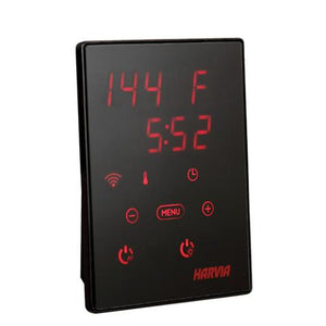 A rectangular Harvia digital sauna control panel with a black touch screen and red LED display showing "144 F" and a time of "5:52". This model includes an illuminated red Wi-Fi symbol alongside the standard temperature, timer, and power icons.