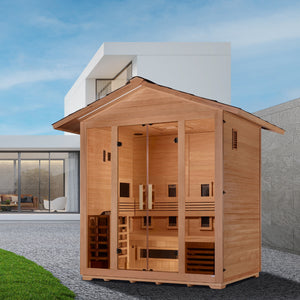 Golden Designs "Gargellen" 5 Person Hybrid (PureTech Full Spectrum IR or Traditional Stove) Outdoor Sauna - Canadian Hemlock GDI-8125-01