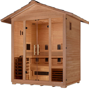Golden Designs "Gargellen" 5 Person Hybrid (PureTech Full Spectrum IR or Traditional Stove) Outdoor Sauna - Canadian Hemlock GDI-8125-01