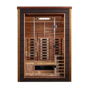 Golden Designs Nora 2 Person Outdoor-Indoor PureTech Hybrid Full Spectrum Sauna Canadian Red Cedar Interior GDI-8222-01