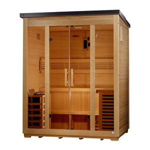 A freestanding, rectangular wooden sauna cabin with light-tan planks and a flat, dark gray roof, shown from a slight right angle. The wide front features four glass panels: two fixed outer windows and two central glass doors with vertical wooden handles. The interior shows an L-shaped, two-tier bench wrapped along the back and right walls, paired with slatted backrests. A wooden-slat heater cage is on the bottom left, and a tall, dark-vented wooden console stands on the bottom right.