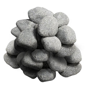 A loose, stacked pile of gray, rounded sauna stones isolated against a white background.