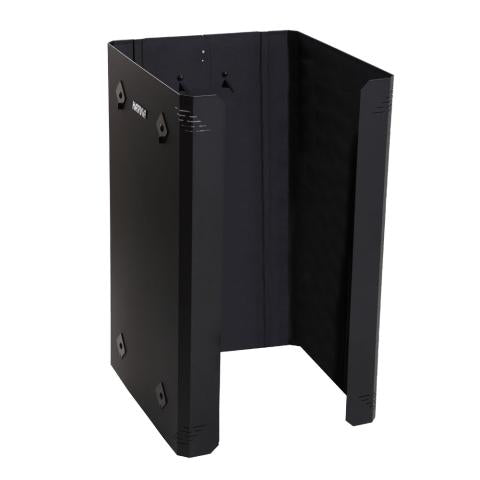 A tall, three-sided protective sheath made of matte black metal, shown from a three-quarter angle. It stands vertically with an open front and a hollow interior. The left and right panels feature front edges that fold inward at a 45-degree angle, accented by subtle, horizontal ventilation lines at the top and bottom corners. The smooth left outer panel features a small silver "HARVIA" logo between four diamond-shaped black studs. The flat back panel includes mounting slots near the top.