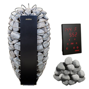Product package for the Harvia Spirit Black sauna heater against a white background. On the left is an oval, wall-mounted heater wrapped in a rounded metal wire cage filled with gray rounded sauna stones, featuring a vertical black central panel branded with "HARVIA" near the top. To the right is a black Harvia Xenio digital control panel displaying "144 F" and "5:52" in red text, alongside touch buttons. Below the control panel is a loose pile of matching gray sauna stones.