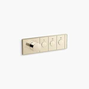 A horizontal, rectangular Kohler K-26347-9 Anthem mechanical thermostatic valve control in gold, angled slightly right against a white background. The sleek faceplate features four cylindrical knobs in a row. The first knob on the left is much larger and thicker, surrounded by small indicator dots for temperature. To its right are three smaller, identical control knobs, each centered within a rectangular segment containing a small icon above it.