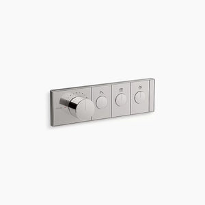 A horizontal, rectangular Kohler K-26347-9 Anthem mechanical thermostatic valve control in titanium, angled slightly right against a white background. The sleek faceplate features four cylindrical knobs in a row. The first knob on the left is much larger and thicker, surrounded by small indicator dots for temperature. To its right are three smaller, identical control knobs, each centered within a rectangular segment containing a small icon above it.