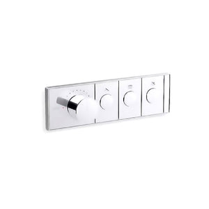 A horizontal, rectangular Kohler K-26347-9 Anthem mechanical thermostatic valve control in polished chrome, angled slightly right against a white background. The sleek faceplate features four cylindrical knobs in a row. The first knob on the left is much larger and thicker, surrounded by small indicator dots for temperature. To its right are three smaller, identical control knobs, each centered within a rectangular segment containing a small icon above it.