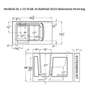 Meditub 26 x 53 Walk-In Bathtub 2653 Dimension Drawing - Vital Hydrotherapy