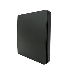 A matte black, single-gang kinetic wireless light switch featuring the "QUINETIC" logo vertically on its lower right edge, viewed from a side angle on a white background.