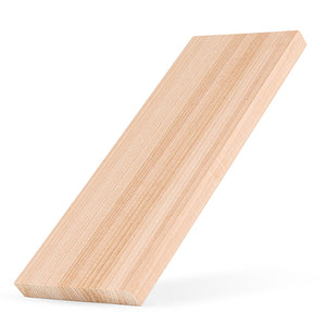 A rectangular light-colored wood board standing at a diagonal angle against a white background, displaying a prominent straight vertical grain pattern on its top face.