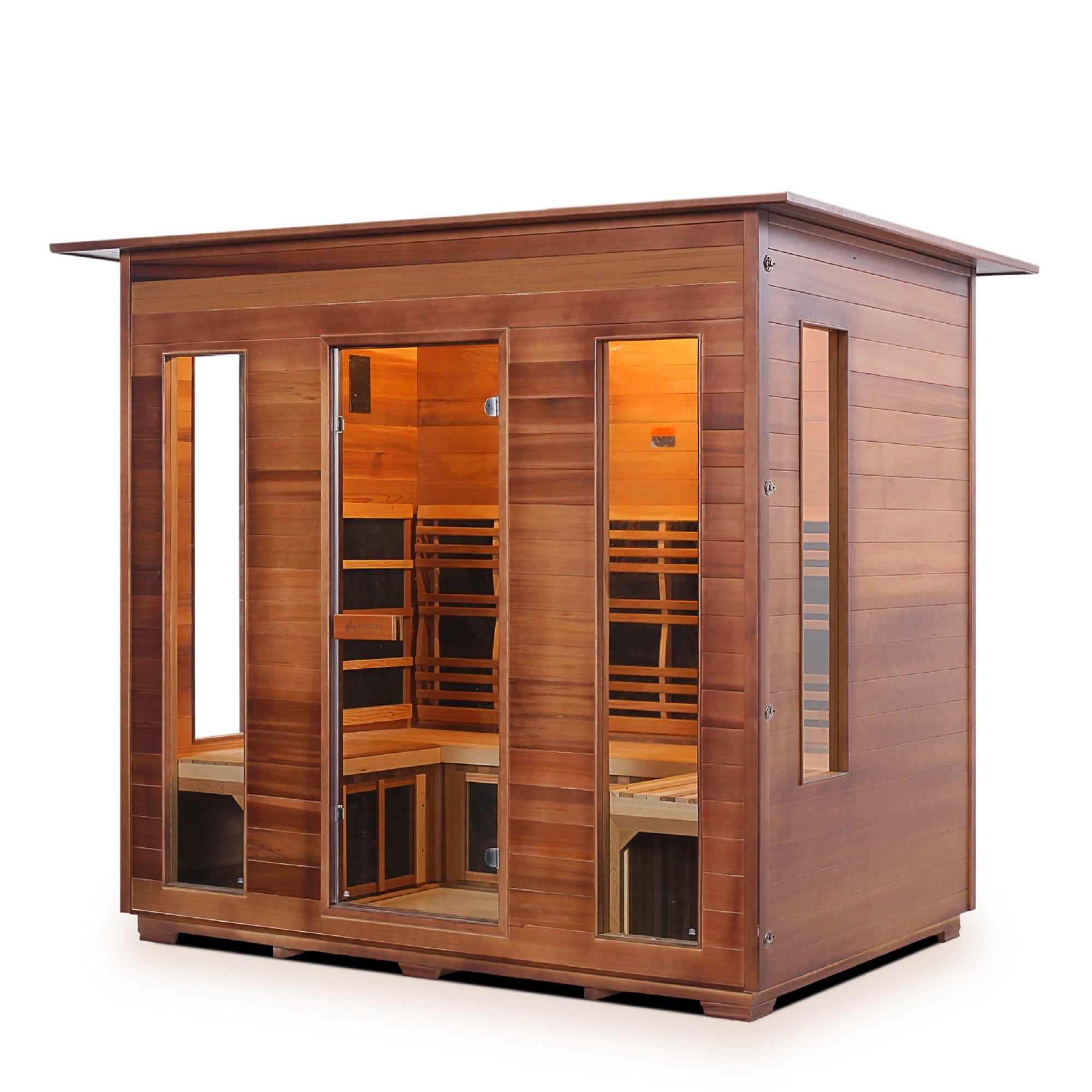 InfraNature Original Infrared Rustic 5 Person Indoor Canadian Cedar Wood indoor roofed with glass door and windows front view - Vital Hydrotherapy