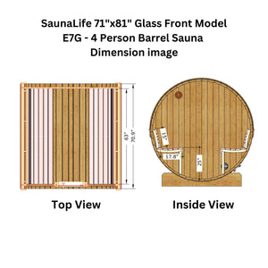 SaunaLife 71"x81" Glass Front Model E7G - 4 Person Barrel Sauna