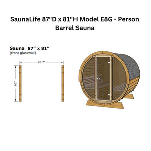 SaunaLife 87"D × 81"H Glass Front Model E8G ERGO‑Series Outdoor Sauna Barrel Up to 6 Person