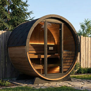 SaunaLife 63" L x 91" Ergo Elegance Series with Glass Front - 4 Person Barrel Sauna SL-MODELEE6G